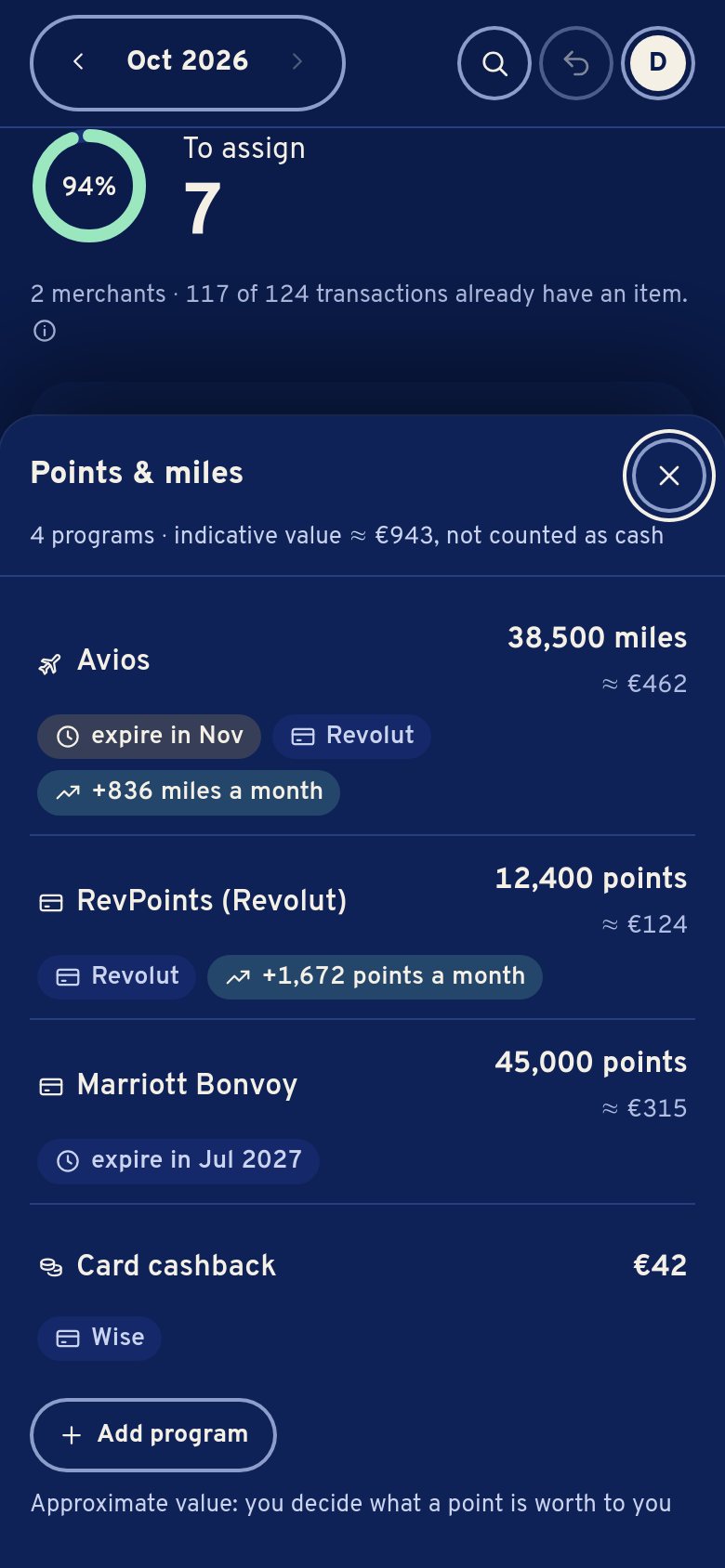 Points and miles on a phone: Avios 38,500 miles about 462 €, expiring in November; RevPoints, Marriott Bonvoy, card cashback.