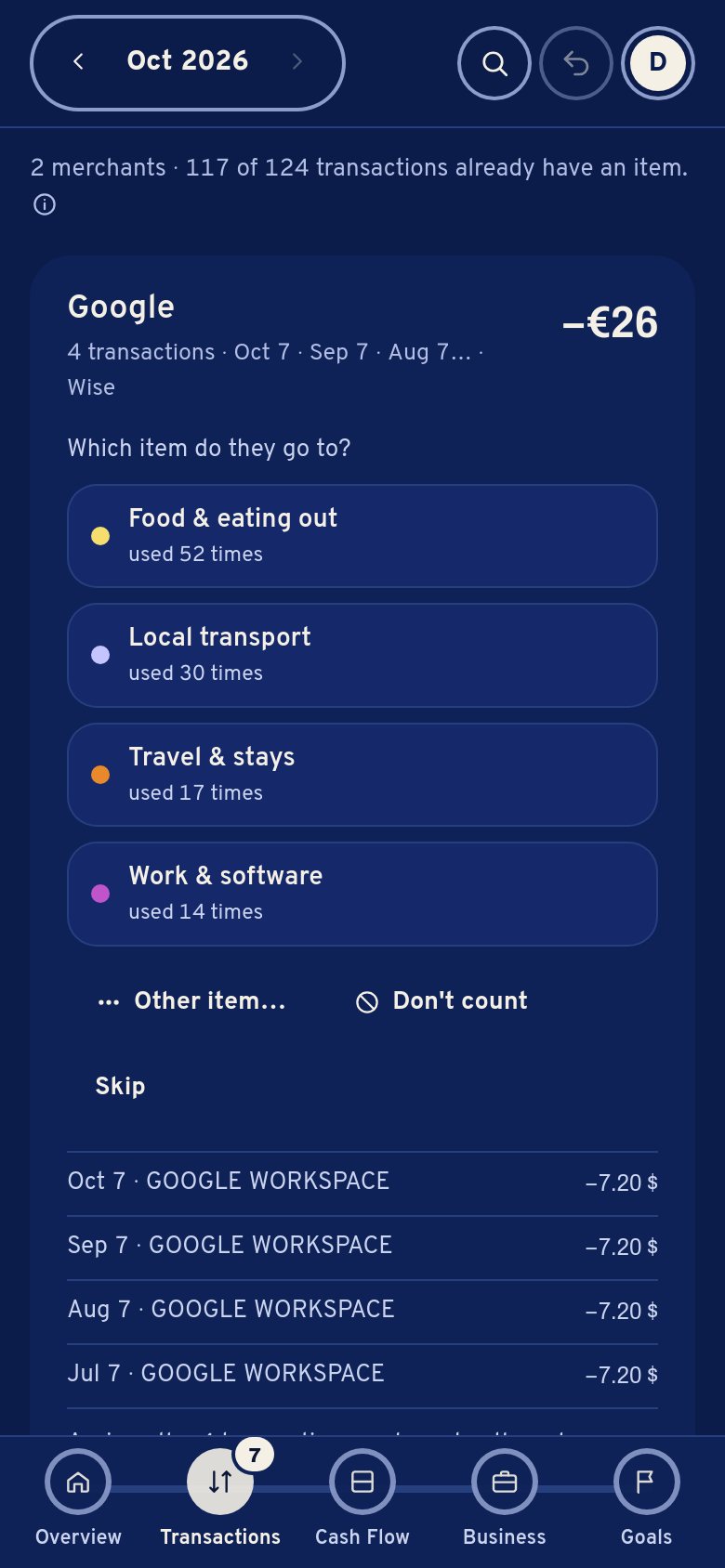 Sort mode: Amazon, three transactions, with the suggested items to assign them to.