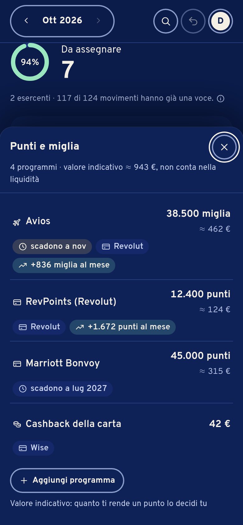 Punti e miglia sul telefono: Avios 38.500 miglia circa 462 €, scadono a novembre; RevPoints, Marriott Bonvoy, cashback della carta.